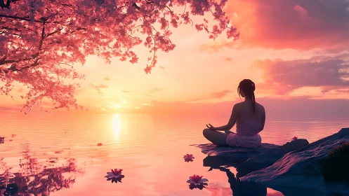 Backlit meditation figure silhouettes against saturated sunset haze