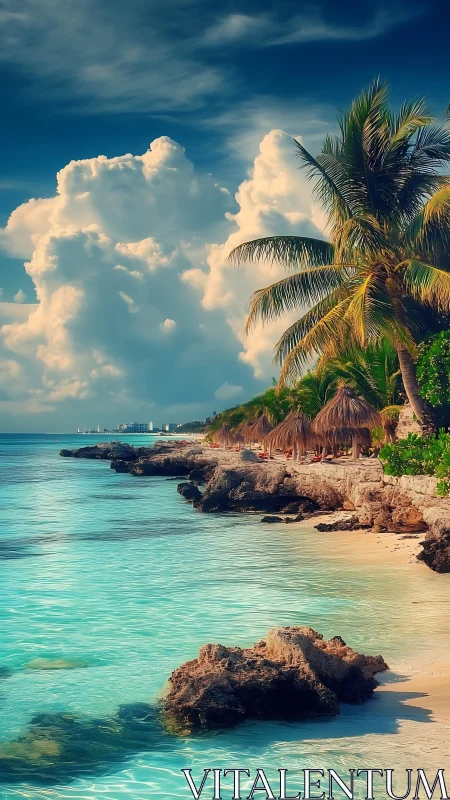 Tropical Beach Paradise: Azure Waters, Palm Trees, and Thatched Bungalows.
