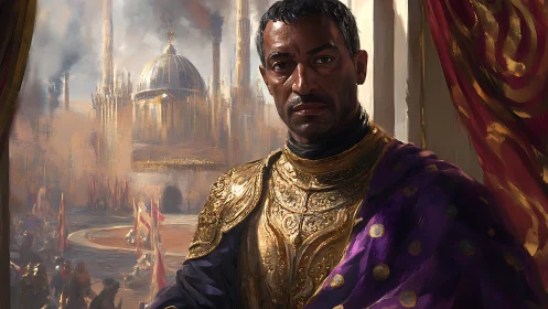 Imperial commander in gilded armor oversees burning citadel