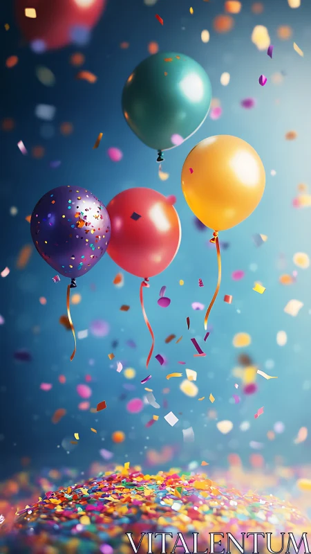 Floating Balloons Against Blue Sky With Confetti.