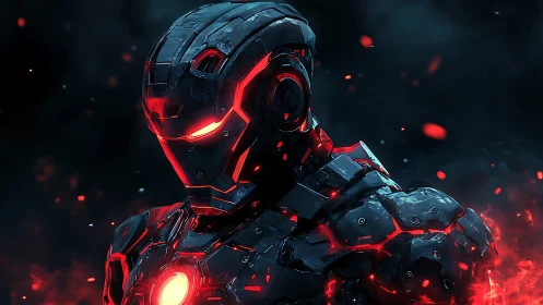 Cybernetic exosuit portrait in neon red emissive armor design.