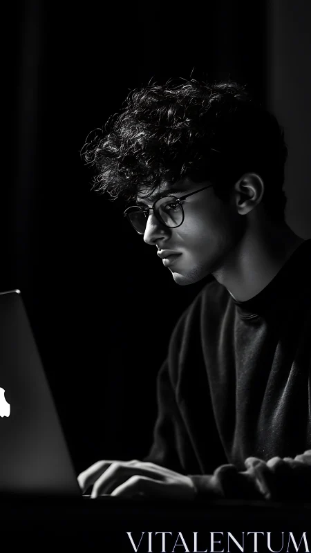 Monochrome programmer absorbed in laptop glow at night.