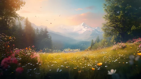 Sunlit alpine meadow unfolds beneath distant snow peaks.