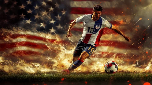 Blazing soccer sprint against a glowing American flag backdrop.