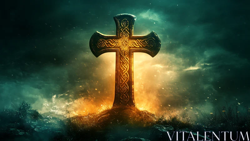 Luminous Celtic stone cross monument amid storm lit horizon