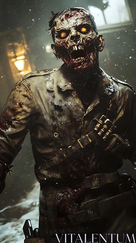 Undead soldier advances through blizzard in cinematic 3D render