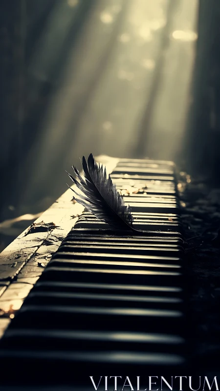 Photorealistic feather on abandoned piano keys in rim light.