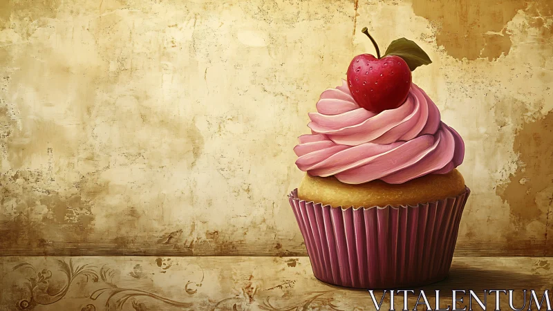 Gourmet Cupcake with Red Apple Topper Against Distressed Wall.