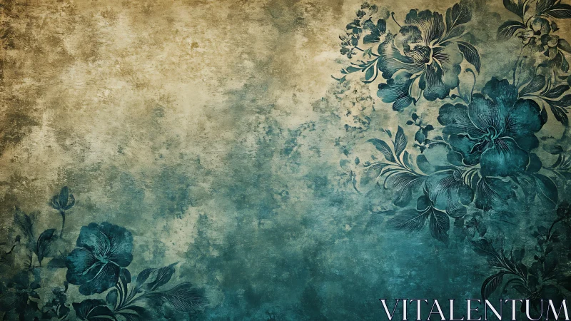 Weathered teal florals drifting across antique plaster dreams.