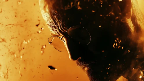 Side-lit bald man in profile within dynamic orange particle field