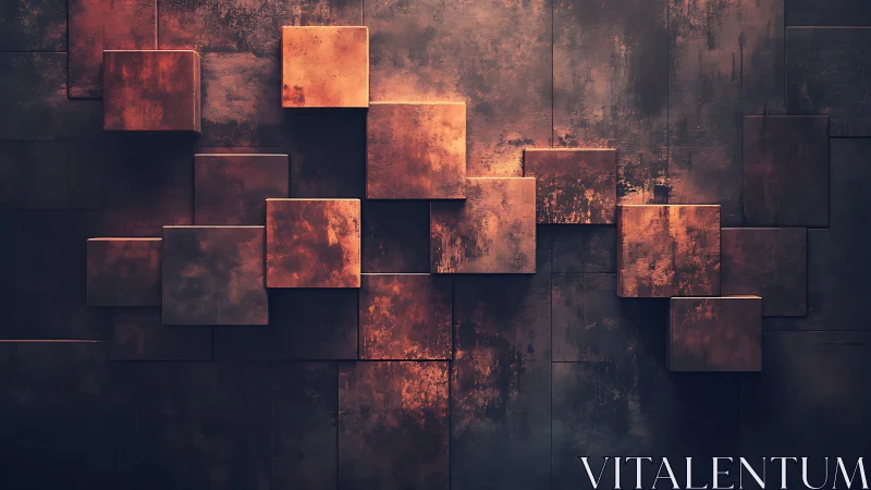 Rust textured metal cubes form staggered geometric relief