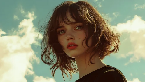 Dreamy young woman gazes skyward under soft golden clouds.