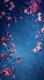 Cherry blossom branches frame a starry blue night sky