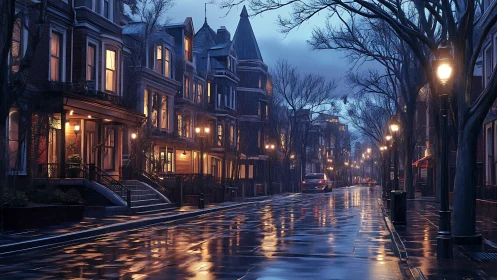 Rainy city street with brownstone row houses at dusk.