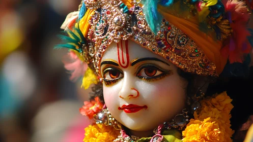 Photographic close-up of ornate deity sculpture portrait.