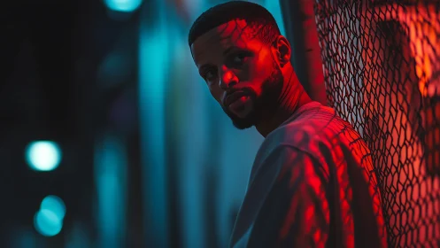 Man leans on chainlink fence under moody red blue neon