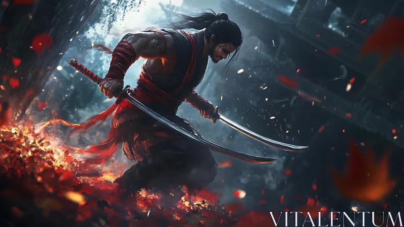 Samurai warrior holding twin katanas in burning leaves.