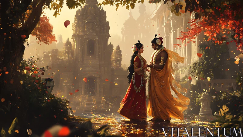 Couple in ornate garments stands before sunlit temple courtyard