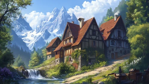 Snowcrowned peaks guarding a storybook riverside village.