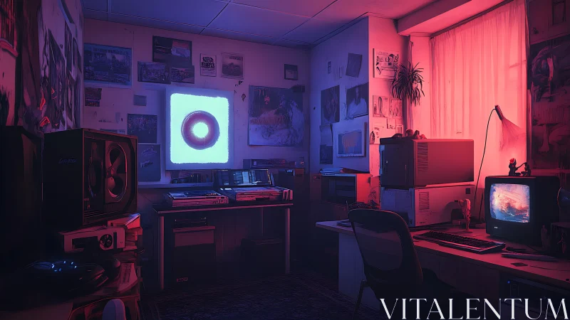 Neon portal hums softly inside a retro hacker’s den dream