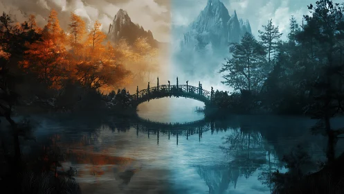 Dual-season mountain bridge over mirrored enchanted lake.