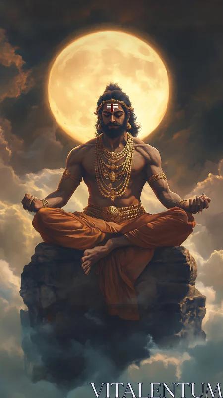Mythic yogi levitates before full moon in storm clouds.