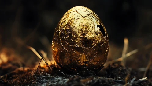 Golden cracked egg rests in soft focus forest floor light.