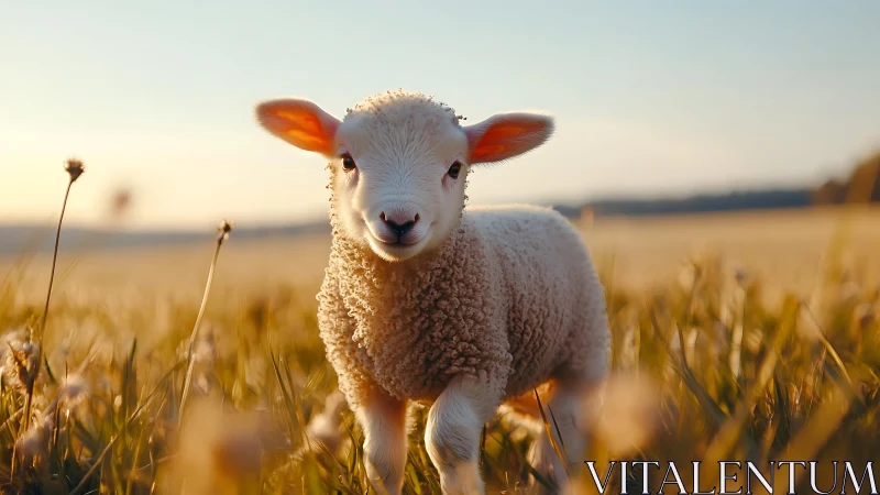 Spring lamb standing in golden meadow at sunset light.