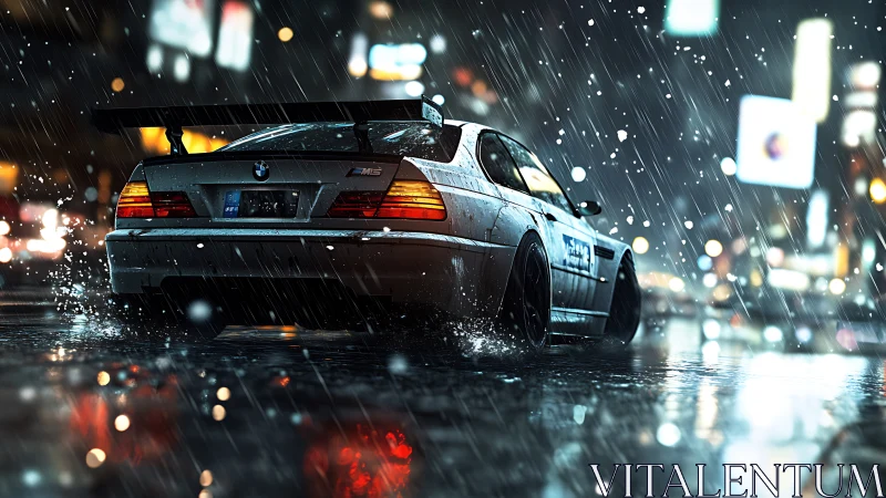 Modified BMW M3 on wet city street at night in rainfall.