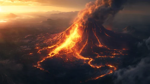 Volcanic cone with active lava flows at sunset landscape.