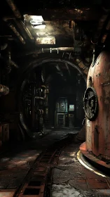 Corroded industrial tunnel reveals rusted boiler and service track