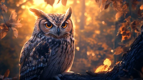 Majestic owl perched in autumn forest bathed in golden sunlight.