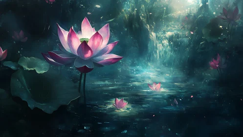 Luminous lotus blooms glow over misty enchanted waterfall pool