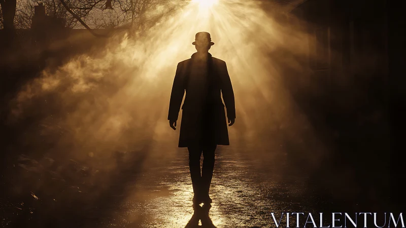 Cinematic silhouette walk under radial backlit fog geometry.