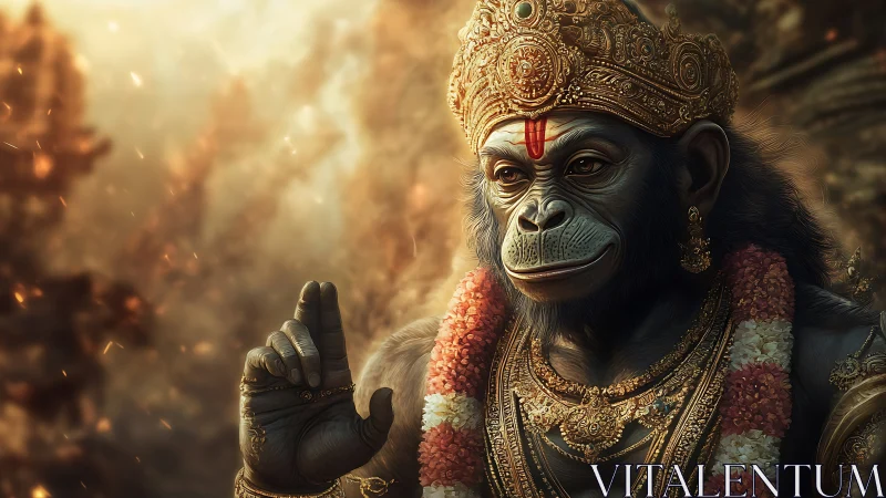 Simian deity figure wearing ornate crown and garlands.