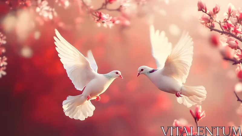 White Doves Meeting Among Cherry Blossoms.