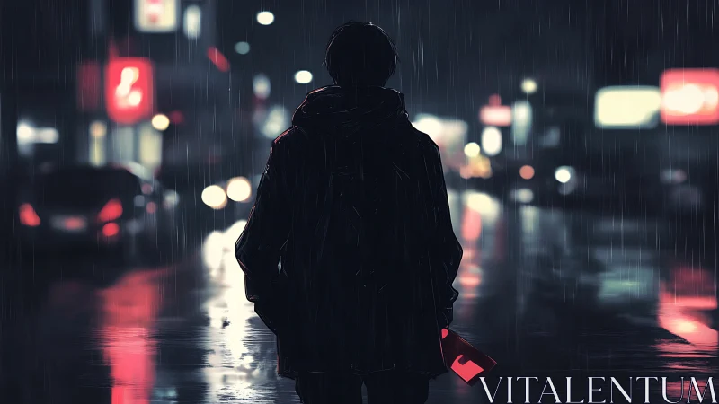 Silhouetted loner walks neon city street under rain