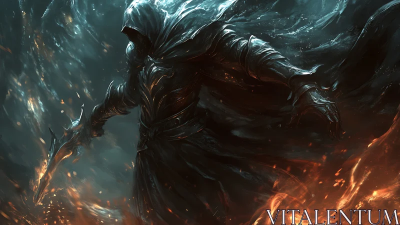 Hooded shadow warlock commands swirling fire and ice.