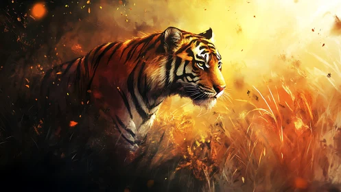 Tiger in blazing brushwork under molten sunset glow.