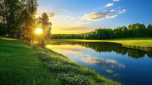 Sunlit river bend through green meadow and forest at dusk.