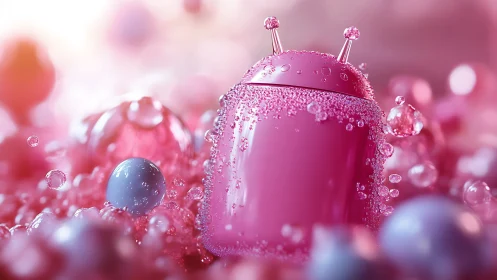 Pink bubble covered robot figure in liquid environment.