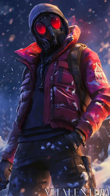 Masked wanderer stands in glowing winter battlefield.