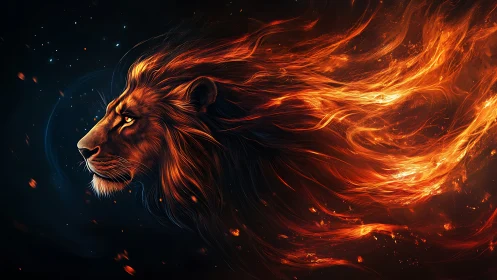 Lion profile with elongated flaming mane on dark field.