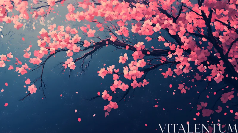 Digital rendering of flowering tree branches against darkening gradient background