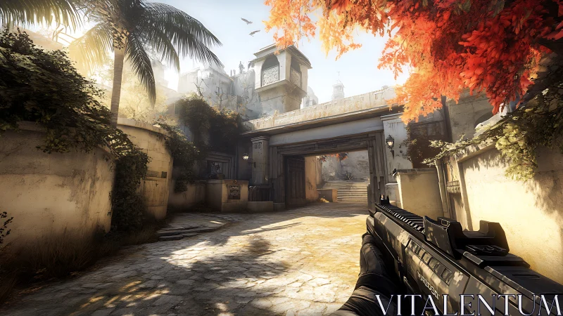 Sunlit courtyard path with autumn leaves and quiet tension.