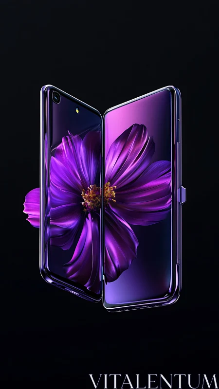 Foldable smartphone render with luminous purple bloom integration.