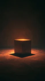 Glowing cube stands centered on dark floor, emitting warm light