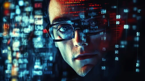 Curious coder gazes through glowing data streams at night