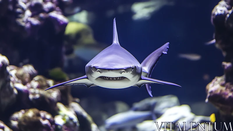 Close frontal view of shark swimming in aquarium habitat.