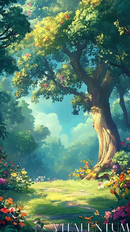 Illuminated Forest Clearing with Ancient Tree.